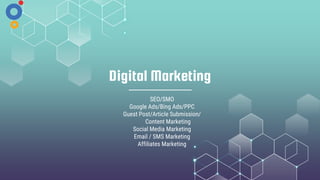 Digital Marketing
SEO/SMO
Google Ads/Bing Ads/PPC
Guest Post/Article Submission/
Content Marketing
Social Media Marketing
Email / SMS Marketing
Affiliates Marketing
 