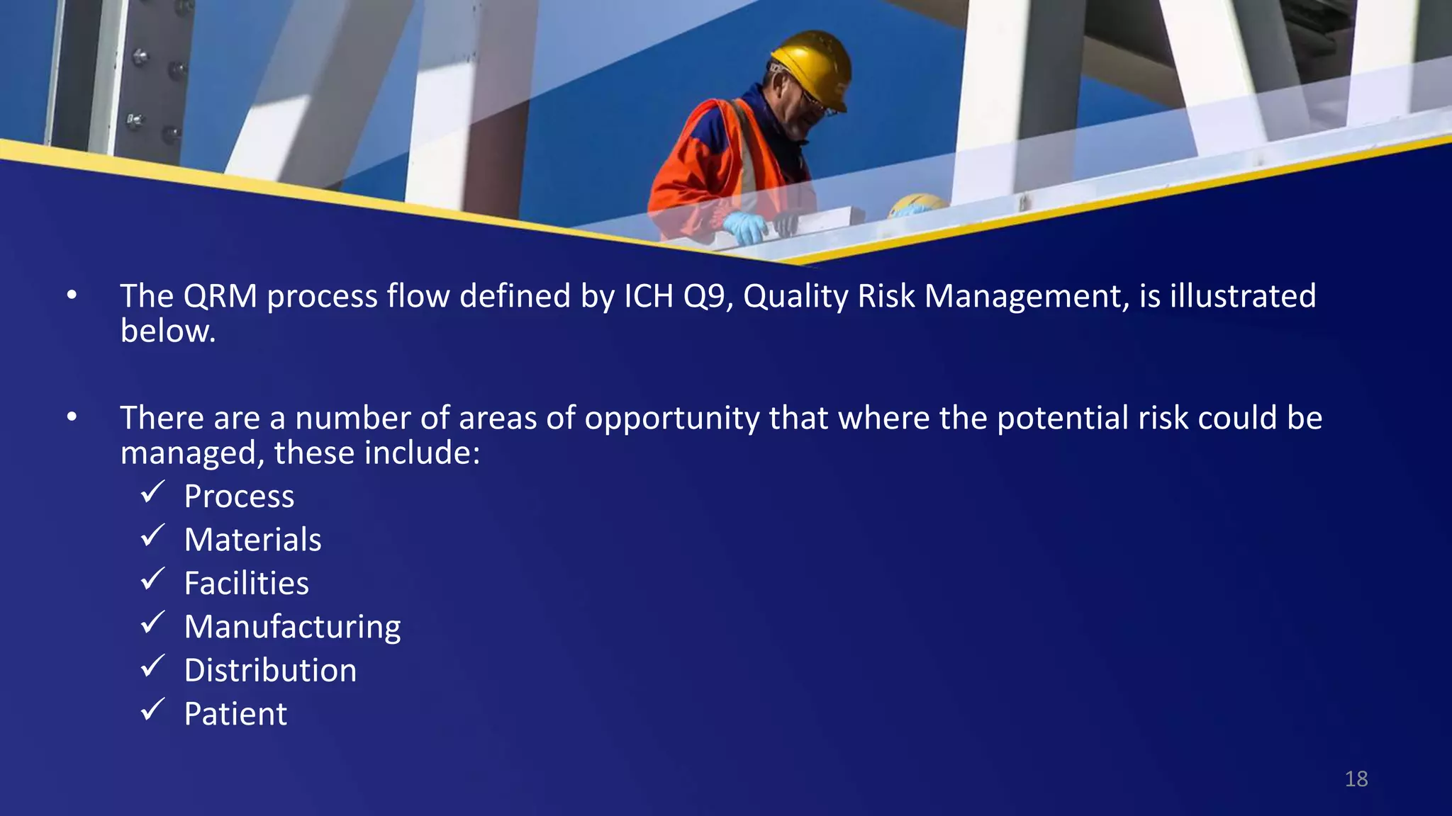 • The QRM process flow defined by ICH Q9, Quality Risk Management, is illustrated
below.
• There are a number of areas of opportunity that where the potential risk could be
managed, these include:
 Process
 Materials
 Facilities
 Manufacturing
 Distribution
 Patient
18
 