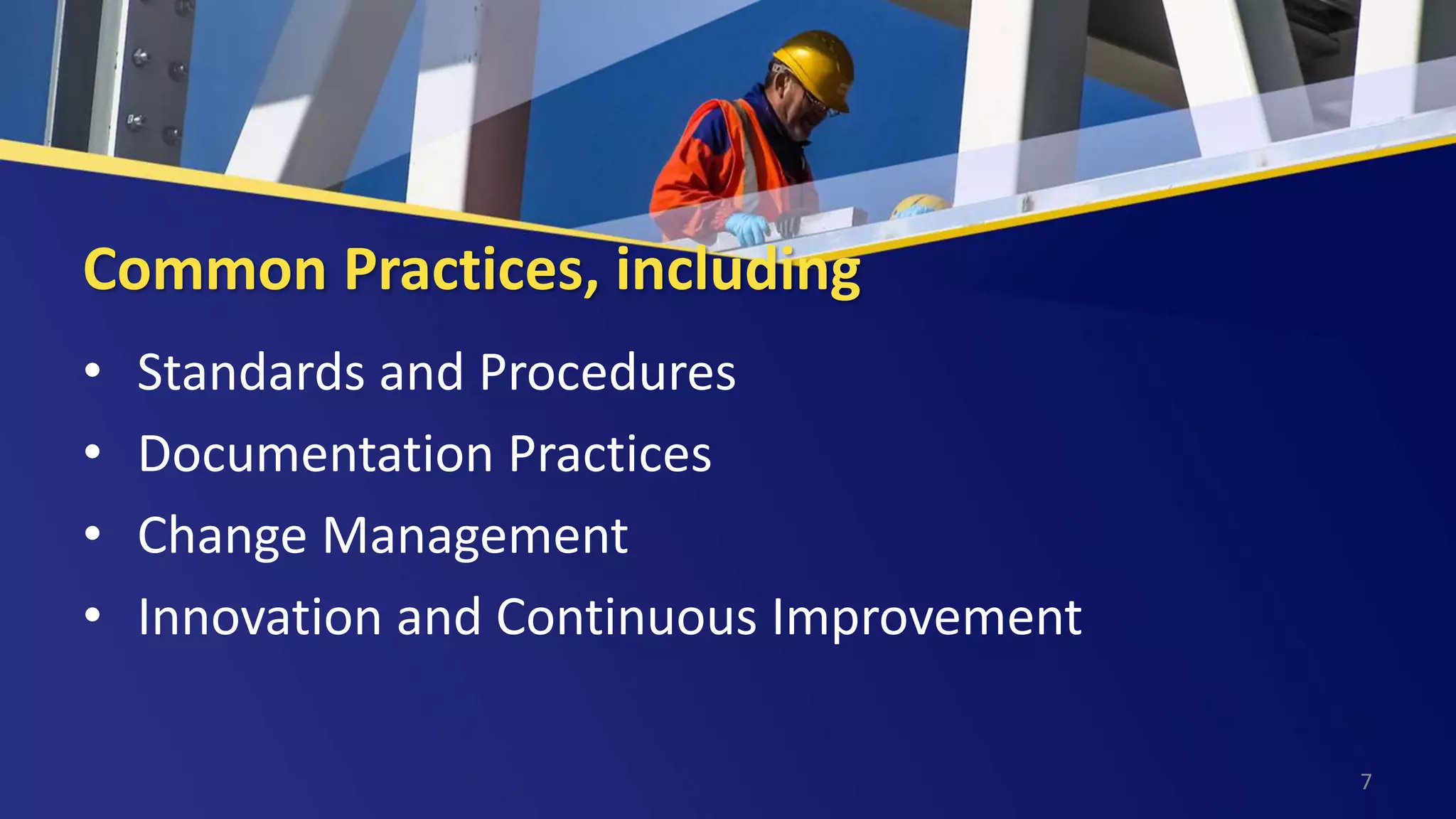 Common Practices, including
• Standards and Procedures
• Documentation Practices
• Change Management
• Innovation and Continuous Improvement
7
 