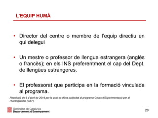 20
• Director del centre o membre de l’equip directiu en
qui delegui
• Un mestre o professor de llengua estrangera (anglès
o francès); en els INS preferentment el cap del Dept.
de llengües estrangeres.
• El professorat que participa en la formació vinculada
al programa.
Resolució de 8 d’abril de 2016 per la qual es dóna publicitat al programa Grups d’Experimentació per al
Plurilingüisme (GEP)
L’EQUIP HUMÀ
 