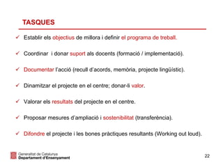  Establir els objectius de millora i definir el programa de treball.
 Coordinar i donar suport als docents (formació / implementació).
 Documentar l’acció (recull d’acords, memòria, projecte lingüístic).
 Dinamitzar el projecte en el centre; donar-li valor.
 Valorar els resultats del projecte en el centre.
 Proposar mesures d’ampliació i sostenibilitat (transferència).
 Difondre el projecte i les bones pràctiques resultants (Working out loud).
22
TASQUES
 
