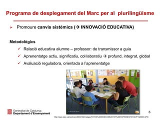 6
Programa de desplegament del Marc per al plurilingüisme
 Promoure canvis sistèmics ( INNOVACIÓ EDUCATIVA)
Metodològics
 Relació educativa alumne – professor: de transmissor a guia
 Aprenentatge actiu, significatiu, col·laboratiu  profund, integrat, global
 Avaluació reguladora, orientada a l’aprenentatge
http://www.xtec.cat/centres/c5002106/imatges/FOTOS%20WEB/COMUNITAT%20D'APRENENTATGE/P1020003.JPG
 