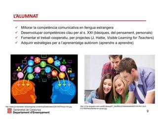  Millorar la competència comunicativa en llengua estrangera
 Desenvolupar competències clau per al s. XXI (bàsiques, del pensament, personals)
 Fomentar el treball cooperatiu, per projectes (J. Hattie, Visible Learning for Teachers)
 Adquirir estratègies per a l’aprenentatge autònom (aprendre a aprendre)
9
http://2.bp.blogspot.com/-amB2J8oasy8/T_Nd3ffwGZI/AAAAAAAAADY/91PKYJ3c3-
E/s1600/estudiantes-en-grupo.jpg
L’ALUMNAT
http://www.jornalcidade.net/jcblogs/wp-content/uploads/sites/2/2015/07/troca-info.jpg
 