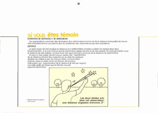 si vous 
ESTIMATION DE DISTANCES ET DE DIMENSIONS 
Les appréciations correctes des dimensions d'un phénomène inconnu et de la distance a laquelle il se trouve, 
sont probablement ce qui pose le plus de problèmes aux observateurs puis aux enquêteurs. 
DISTANCE 
Le seul moyen de bien évaluer la distance d'un phenomène consiste a s'aider de repères fixes dans 
l'environnement, si on a la chance que le phénomène passe devant un de ces repères. En mesurant après coup 
la distance de ces repères. on peut avoir une approximation correcte de la distance du phénomène. 
Si celui-ci n'est passé devant aucun repère fixe, l'appréciation 
de sa distance devient tres subjective et au-delà de quelques 
dizaines de mètres a peu de chance d'être correcte (bien 
entendu, Dour un objet connu du témoin, tel qu'avion, 
hélicoptère, etc., l'appréciation de la distance se fait par rapport 
a la taille réelle de I'obiet que le témoin connaît 
approximativement). 
Mesure distance angulaire 
avec pouce. 
/ Les deux étoiles ont, 
pour cet observateur, 
une distance angulaire d'environ 2O. 
 
