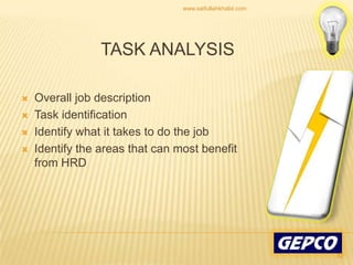 Task AnalysisOverall job descriptionTask identificationIdentify what it takes to do the jobIdentify the areas that can most benefit from HRD52www.saifullahkhalid.com