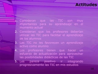 Actitudes Consideran que las TIC son muy importantes para su aprendizaje en el momento actualConsideran que los profesores deberían utilizar las TIC para facilitar el aprendizaje de los alumnosLas TIC no les favorecen un aprendizaje activo como alumnoLos profesores tienen que hacer un esfuerzo de actualización para aprovechar las posibilidades didácticas de las TICLes parece positivo ir integrando progresivamente las TIC en mis estudios