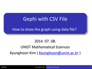 Kyunghoon Kim
Gephi with CSV File
How to draw the graph using data file?
7/8/2014 Gephi with CSV File 1
2014. 07. 08.
UNIST Mathematical Sciences
Kyunghoon Kim ( Kyunghoon@unist.ac.kr )
 