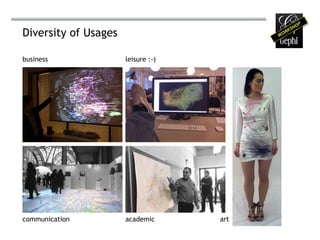 Diversity of Usages

business              leisure :-)




communication         academic      art
 