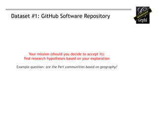 Dataset #1: GitHub Software Repository




         Your mission (should you decide to accept it):
      find research hypotheses based on your exploration

  Example question: are the Perl communities based on geography?
 