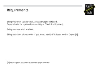 Requirements


Bring your own laptop with Java and Gephi installed.
Gephi should be updated (menu Help > Check for Updates).

Bring a mouse with a wheel.

Bring a dataset of your own if you want, verify if it loads well in Gephi.[1]




[1] http://gephi.org/users/supported-graph-formats/
 
