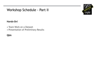 Workshop Schedule - Part II


Hands-On!

• Team Work on a Dataset
• Presentation of Preliminary Results

Q&A
 