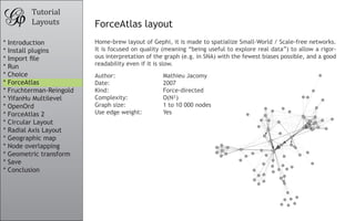 Tutorial
        Layouts          ForceAtlas layout
* Introduction           Home-brew layout of Gephi, it is made to spat...