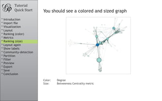 Tutorial
Quick Start You should see a colored and sized graph
Color: 		 Degree
Size:		 Betweeness Centrality metric
* Introduction
* Import file
* Visualization
* Layout
* Ranking (color)
* Metrics
* Ranking (size)
* Layout again
* Show labels
* Community-detection
* Partition
* Filter
* Preview
* Export
* Save
* Conclusion
 