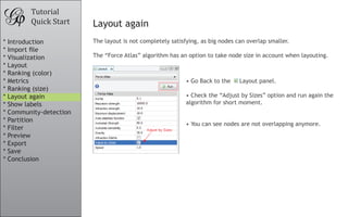 •	Go Back to the Layout panel.
	
•	Check the “Adjust by Sizes” option and run again the
algorithm for short moment.
•	You can see nodes are not overlapping anymore.
Tutorial
Quick Start Layout again
The layout is not completely satisfying, as big nodes can overlap smaller.
The “Force Atlas” algorithm has an option to take node size in account when layouting.
* Introduction
* Import file
* Visualization
* Layout
* Ranking (color)
* Metrics
* Ranking (size)
* Layout again
* Show labels
* Community-detection
* Partition
* Filter
* Preview
* Export
* Save
* Conclusion
 