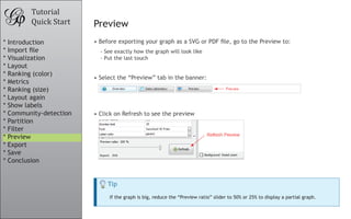 Tutorial
Quick Start Preview
•	Before exporting your graph as a SVG or PDF file, go to the Preview to:
•	Select the “Preview” tab in the banner:
•	Click on Refresh to see the preview
- See exactly how the graph will look like
- Put the last touch
Tip
If the graph is big, reduce the “Preview ratio” slider to 50% or 25% to display a partial graph.
* Introduction
* Import file
* Visualization
* Layout
* Ranking (color)
* Metrics
* Ranking (size)
* Layout again
* Show labels
* Community-detection
* Partition
* Filter
* Preview
* Export
* Save
* Conclusion
 