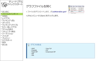 チュートリアル
    クイックスタート
                グラフファイルを開く
* はじめに          • ファイルをダウンロードします。              LesMiserables.gexf
* ファイルのイ...