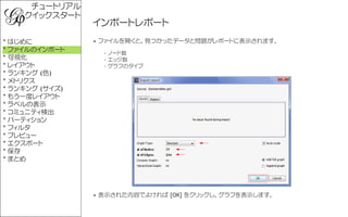 チュートリアル
    クイックスタート
                インポートレポート
* はじめに          • ファイルを開くと、見つかったデータと問題がレポートに表示されます。
* ファイルのインポート      - ノード...
