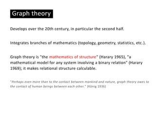 Graph theory
Develops over the 20th century, in particular the second half.
Integrates branches of mathematics (topology, geometry, statistics, etc.).
Graph theory is "the mathematics of structure" (Harary 1965), "a
mathematical model for any system involving a binary relation" (Harary
1969); it makes relational structure calculable.
"Perhaps even more than to the contact between mankind and nature, graph theory owes to
the contact of human beings between each other." (König 1936)
 