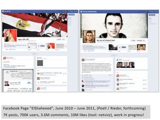 Facebook Page "ElShaheeed", June 2010 – June 2011, (Poell / Rieder, forthcoming)
7K posts, 700K users, 3.6M comments, 10M ...