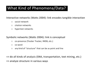 Basic ideas
What Kind of Phenomena/Data?
Interactive networks (Watts 2004): link encodes tangible interaction
☉ social net...