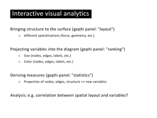 Basic ideas
Interactive visual analytics
Bringing structure to the surface (gephi panel: "layout")
☉ different spatializations (force, geometry, etc.)
Projecting variables into the diagram (gephi panel: "ranking")
☉ Size (nodes, edges, labels, etc.)
☉ Color (nodes, edges, labels, etc.)
Deriving measures (gephi panel: "statistics")
☉ Properties of nodes, edges, structure => new variables
Analysis: e.g. correlation between spatial layout and variables?
 