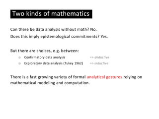 Two kinds of mathematics
Can there be data analysis without math? No.
Does this imply epistemological commitments? Yes.
Bu...