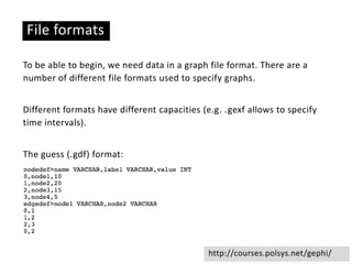 Basic ideas
File formats
To be able to begin, we need data in a graph file format. There are a
number of different file formats used to specify graphs.
Different formats have different capacities (e.g. .gexf allows to specify
time intervals).
The guess (.gdf) format:
http://courses.polsys.net/gephi/
 