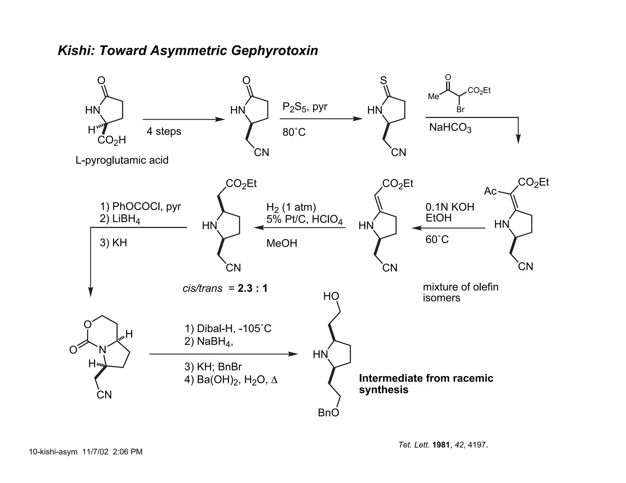 Kishi: Toward Asymmetric Gephyrotoxin
                                                                                                     O
                   O                                    O                          S
                                                                                                              CO2Et
                                                                                                Me
              HN                                    HN           P2S5, pyr     HN                        Br

               H                4 steps                          80˚C                           NaHCO3
                   CO2H
                                                            CN                         CN
           L-pyroglutamic acid

                                                   CO2Et                           CO2Et                                   CO2Et
                                                                                                                 Ac
                   1) PhOCOCl, pyr                           H2 (1 atm)                        0.1N KOH
                   2) LiBH4                                  5% Pt/C, HClO4                    EtOH
                                              HN                              HN                                      HN
                   3) KH                                     MeOH                              60˚C

                                                   CN                              CN                                      CN

                                          cis/trans = 2.3 : 1                                  mixture of olefin
                                                                         HO                    isomers

              O                           1) Dibal-H, -105˚C
                        H
                                          2) NaBH4,
          O        N                                                    HN
               H                          3) KH; BnBr
                                          4) Ba(OH)2, H2O, ∆                  Intermediate from racemic
                   CN                                                         synthesis

                                                                        BnO

                                                                                        Tet. Lett. 1981, 42, 4197.
10-kishi-asym 11/7/02 2:06 PM
 
