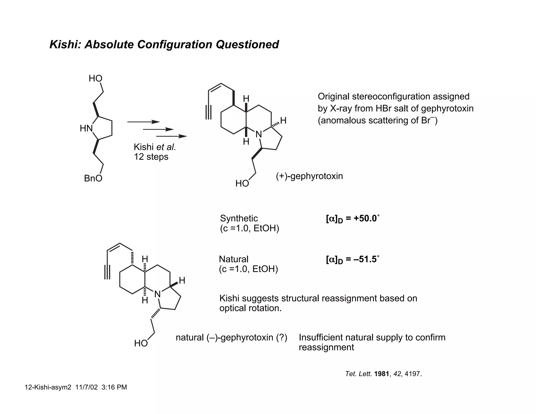 Kishi: Absolute Configuration Questioned

                  HO

                                                            H                   Original stereoconfiguration assigned
                                                                                by X-ray from HBr salt of gephyrotoxin
                                                                        H       (anomalous scattering of Br–)
                HN
                                                                N
                                                            H
                                 Kishi et al.
                                 12 steps

                 BnO                                                 (+)-gephyrotoxin
                                                          HO


                                                       Synthetic                   α
                                                                                  [α]D = +50.0˚
                                                       (c =1.0, EtOH)


                                   H                  Natural                      α
                                                                                  [α]D = –51.5˚
                                                      (c =1.0, EtOH)
                                                H
                                       N              Kishi suggests structural reassignment based on
                                   H
                                                      optical rotation.


                                            natural (–)-gephyrotoxin (?)    Insufficient natural supply to confirm
                                 HO                                         reassignment

                                                                                        Tet. Lett. 1981, 42, 4197.
12-Kishi-asym2 11/7/02 3:16 PM
 