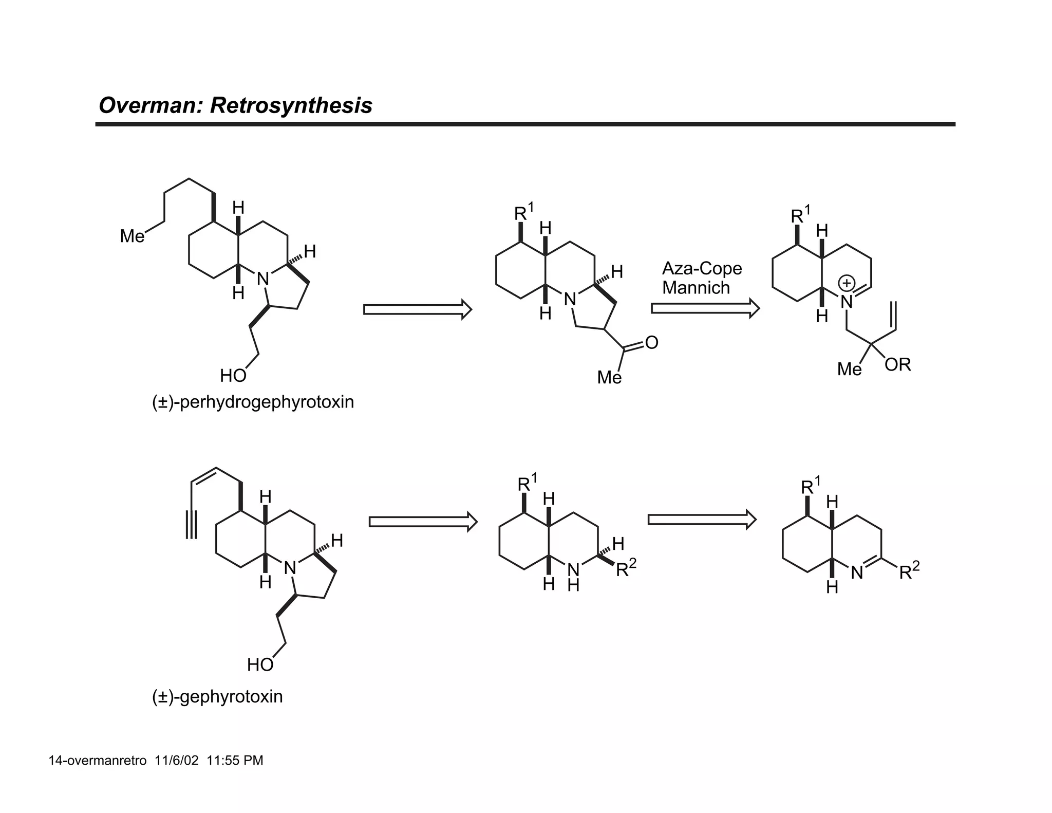 Overman: Retrosynthesis



                           H                    R1                                R1
          Me                                         H                                 H
                                        H
                                                              H        Aza-Cope
                               N                                       Mannich
                           H                             N                                 N
                                                     H                                 H
                                                                   O
                                                                                           Me   OR
                       HO                                    Me
               (±)-perhydrogephyrotoxin



                                                R1                                R1
                               H                     H                                 H

                                            H                 H
                                    N                  N      R2                            N    R2
                               H                     H H                               H



                               HO
               (±)-gephyrotoxin


14-overmanretro 11/6/02 11:55 PM
 