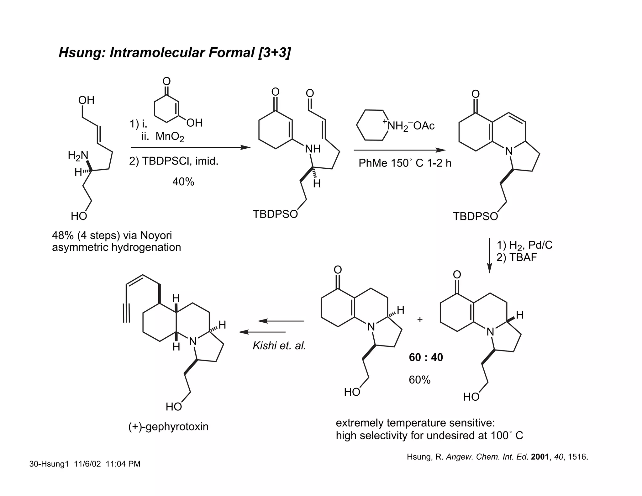 Hsung: Intramolecular Formal [3+3]

                             O
                                                  O       O                                             O
           OH
                                                                               +
                       1) i.       OH                                              NH2–OAc
                          ii. MnO2
                                                          NH                                                     N
        H2N
                       2) TBDPSCl, imid.                               PhMe 150˚ C 1-2 h
          H
                                 40%                          H

         HO                                   TBDPSO                                               TBDPSO
     48% (4 steps) via Noyori
     asymmetric hydrogenation                                                                                   1) H2, Pd/C
                                                                                                                2) TBAF
                                                                  O                                O

                                 H
                                                                                    H                                H
                                          H                                N                                N
                                 H N          Kishi et. al.
                                                                                        60 : 40

                                                                                        60%
                                                                      HO                               HO
                              HO
                       (+)-gephyrotoxin                           extremely temperature sensitive:
                                                                  high selectivity for undesired at 100˚ C
                                                                                        Hsung, R. Angew. Chem. Int. Ed. 2001, 40, 1516.
30-Hsung1 11/6/02 11:04 PM
 