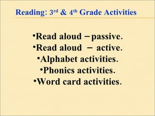 Reading: 3 rd  & 4 th  Grade Activities Read aloud – passive. Read aloud  –  active. Alphabet activities. Phonics activities. Word card activities. 