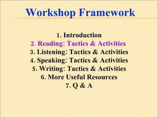 Workshop Framework 1. Introduction 2. Reading: Tactics & Activities  3. Listening: Tactics & Activities 4. Speaking: Tactics & Activities 5. Writing: Tactics & Activities 6. More Useful Resources 7. Q & A 
