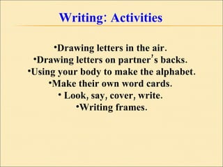 Writing: Activities Drawing letters in the air.  Drawing letters on partner’s backs.  Using your body to make the alphabet. Make their own word cards.  Look, say, cover, write.  Writing frames. 