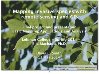 Final project and presentation
Basic Mapping: Applications and Analysis
Lehman College - Spring 2014
Elia Machado, Ph.D.
Mapping invasive species with
remote sensing and GIS
Oliver C. Smith
13 May 2014
1
Ash leaves. From: The Guardian 2012. Photo: www.alamy.com
 