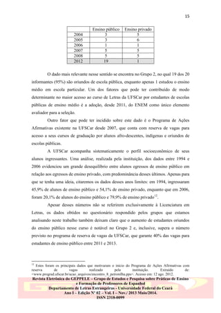 15

2004
2005
2006
2007
2008
2012

Ensino público
3
3
1
5
5
19

Ensino privado
5
6
1
5
5
1

O dado mais relevante nesse sentido se encontra no Grupo 2, no qual 19 dos 20
informantes (95%) são oriundos de escola pública, enquanto apenas 1 estudou o ensino
médio em escola particular. Um dos fatores que pode ter contribuído de modo
determinante no maior acesso ao curso de Letras da UFSCar por estudantes de escolas
públicas de ensino médio é a adoção, desde 2011, do ENEM como único elemento
avaliador para a seleção.
Outro fator que pode ter incidido sobre este dado é o Programa de Ações
Afirmativas existente na UFSCar desde 2007, que conta com reserva de vagas para
acesso a seus cursos de graduação por alunos afro-descentes, indígenas e oriundos de
escolas públicas.
A UFSCar acompanha sistematicamente o perfil socioeconômico de seus
alunos ingressantes. Uma análise, realizada pela instituição, dos dados entre 1994 e
2006 evidenciou um grande desequilíbrio entre alunos egressos de ensino público em
relação aos egressos de ensino privado, com predominância desses últimos. Apenas para
que se tenha uma ideia, citaremos os dados desses anos limites: em 1994, ingressaram
45,9% de alunos de ensino público e 54,1% de ensino privado, enquanto que em 2006,
foram 20,1% de alunos do ensino público e 79,9% de ensino privado12.
Apesar desses números não se referirem exclusivamente à Licenciatura em
Letras, os dados obtidos no questionário respondido pelos grupos que estamos
analisando neste trabalho também deixam claro que o aumento de estudantes oriundos
do ensino público nesse curso é notável no Grupo 2 e, inclusive, supera o número
previsto no programa de reserva de vagas da UFSCar, que garante 40% das vagas para
estudantes de ensino público entre 2011 e 2013.

12

Estes foram os principais dados que motivaram o início do Programa de Ações Afirmativas com
reserva
de
vagas
realizado
pela
instituição.
Extraído
de:
<www.prograd.ufscar.br/acao_arquivos/encontro_8_petronilha.pps>. Acesso em: 12 ago. 2012.

Revista Eletrônica do GEPPELE – Grupo de Estudos e Pesquisa sobre Práticas de Ensino
e Formação de Professores de Espanhol
Departamento de Letras Estrangeiras - Universidade Federal do Ceará
Ano I – Edição Nº 02 – Vol. I – Nov./ 2013 Maio/2014.
ISSN 2318-0099

 