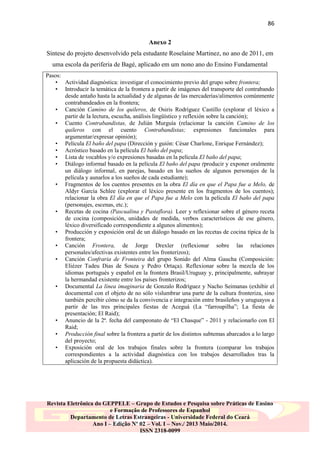 86
Anexo 2
Síntese do projeto desenvolvido pela estudante Roselaine Martinez, no ano de 2011, em
uma escola da periferia de Bagé, aplicado em um nono ano do Ensino Fundamental
Pasos:
• Actividad diagnóstica: investigar el conocimiento previo del grupo sobre frontera;
• Introducir la temática de la frontera a partir de imágenes del transporte del contrabando
desde antaño hasta la actualidad y de algunas de las mercaderías/alimentos comúnmente
contrabandeados en la frontera;
• Canción Camino de los quileros, de Osiris Rodríguez Castillo (explorar el léxico a
partir de la lectura, escucha, análisis lingüístico y reflexión sobre la canción);
• Cuento Contrabandistas, de Julián Murguía (relacionar la canción Camino de los
quileros con el cuento Contrabandistas; expresiones funcionales para
argumentar/expresar opinión);
• Película El baño del papa (Dirección y guión: César Charlone, Enrique Fernández);
• Acróstico basado en la película El baño del papa;
• Lista de vocablos y/o expresiones basadas en la película El baño del papa;
• Diálogo informal basado en la película El baño del papa (producir y exponer oralmente
un diálogo informal, en parejas, basado en los sueños de algunos personajes de la
película y aunarlos a los sueños de cada estudiante);
• Fragmentos de los cuentos presentes en la obra El día en que el Papa fue a Melo, de
Aldyr García Schlee (explorar el léxico presente en los fragmentos de los cuentos);
relacionar la obra El día en que el Papa fue a Melo con la película El baño del papa
(personajes, escenas, etc.);
• Recetas de cocina (Pascualina y Pastaflora). Leer y reflexionar sobre el género receta
de cocina (composición, unidades de medida, verbos característicos de ese género,
léxico diversificado correspondiente a algunos alimentos);
• Producción y exposición oral de un diálogo basado en las recetas de cocina típica de la
frontera;
• Canción Frontera, de Jorge Drexler (reflexionar sobre las relaciones
personales/afectivas existentes entre los fronterizos);
• Canción Confraria de Fronteira del grupo Sonido del Alma Gaucha (Composición:
Eliézer Tadeu Dias de Souza y Pedro Ortaça). Reflexionar sobre la mezcla de los
idiomas portugués y español en la frontera Brasil/Uruguay y, principalmente, subrayar
la hermandad existente entre los países fronterizos;
• Documental La línea imaginaria de Gonzalo Rodríguez y Nacho Seimanas (exhibir el
documental con el objeto de no sólo vislumbrar una parte de la cultura fronteriza, sino
también percibir cómo se da la convivencia e integración entre brasileños y uruguayos a
partir de las tres principales fiestas de Aceguá (La “farroupilha”; La fiesta de
presentación; El Raid);
• Anuncio de la 2ª. fecha del campeonato de “El Chasque” - 2011 y relacionarlo con El
Raid;
• Producción final sobre la frontera a partir de los distintos subtemas abarcados a lo largo
del proyecto;
• Exposición oral de los trabajos finales sobre la frontera (comparar los trabajos
correspondientes a la actividad diagnóstica con los trabajos desarrollados tras la
aplicación de la propuesta didáctica).

Revista Eletrônica do GEPPELE – Grupo de Estudos e Pesquisa sobre Práticas de Ensino
e Formação de Professores de Espanhol
Departamento de Letras Estrangeiras - Universidade Federal do Ceará
Ano I – Edição Nº 02 – Vol. I – Nov./ 2013 Maio/2014.
ISSN 2318-0099

 