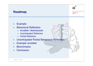 Roadmap


> Example
> Behavioral Reﬂection
     — Smalltalk / Metaclasstalk
     — Unanticipated Reﬂection
     — Partial Reﬂection
> Unanticipated Partial Behavioral Reﬂection
> Example revisited
> Benchmarks
> Conclusion



© Marcus Denker
 