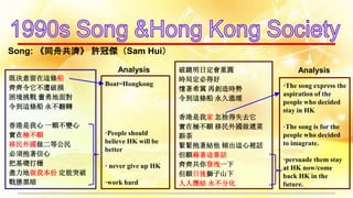 Song: 《同舟共濟》 許冠傑（Sam Hui）
既決意留在這條船
齊齊令它不遭破損
困境挑戰 奮勇地面對
令到這條船 永不翻轉
香港是我心 一顆不變心
實在極不願
移民外國做二等公民
必須抱著信心
把基礎打穩
盡力地做我本份 定能突破
戰勝黑暗
破鏡明日定會重圓
時局定必得好
懷著希冀 再創造時勢
令到這條船 永久溫暖
香港是我家 怎捨得失去它
實在極不願 移民外國做遞菜
斟茶
緊緊抱著結他 傾出這心裡話
但願藉著這番話
齊齊共你發洩一下
但願日後獅子山下
人人團結 永不分化
Analysis Analysis
·The song express the
aspiration of the
people who decided
stay in HK
·The song is for the
people who decided
to imagrate.
·persuade them stay
at HK now/come
back HK in the
future.
Boat=Hongkong
·People should
believe HK will be
better
· never give up HK
·work hard
 