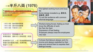→半斤八両 (1976)
我地呢班打工仔 通街走糴直頭係壞腸胃
搵個些少到月底點夠洗（奀過鬼）
確係認真濕滯
（半斤八兩）做到隻積咁既樣
（半斤八兩）濕水炮仗點會響
（半斤八兩）夠薑鎗走去搶
出左半斤力 想話羅番足八兩
家陣惡搵食 邊有半斤八兩咁理想（吹漲）
我地呢班打工仔 一生一世為錢幣做奴隸
個種辛苦折墮講出嚇鬼（死俾你睇）
咪話冇乜所謂
The tighted working hours and busy
life
Some slangs revealed e.g. 通街走,
壞腸胃, 濕濟
To suit the audience with common
informal language
Workers being forced, feeling so tired
know the difficulty of work
No Pain No Gain
Expression of bad feeling
Employers always treat the employees
very bad
It shows that labours always work for
income and always exploited by their
boss and remind them to express their
feelings bravely
 
