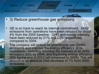 3) Reduce greenhouse gas emissions GE is on track to reach its internal commitment.  GHG emissions from operations have been reduced by about 4% from the 2004 baseline.  GHG and energy intensity have been reduced by 21% and 22% respectively compared to 2004. The company will reduce its greenhouse gas (GHG) emissions and improve the energy efficiency of its operations - including reducing the intensity of its GHG emissions 30% by 2008, and improving energy efficiency 30% by the end of 2012 (all compared to 2004). This will amount to an absolute total decrease of 1% from 2005 emissions. General Overview Imagination CECOR 4 Commitments  History Welch Immelt Culture EVO 