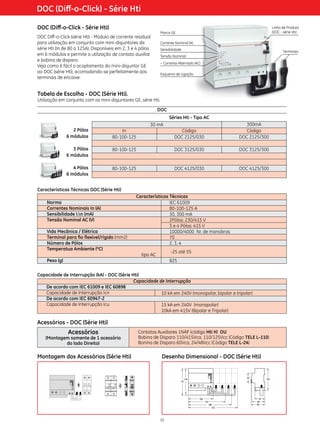 DOC (Diff-o-Click) - Série Hti
DOC (Diff-o-Click - Série Hti)

Linha de Produto
(DOC - série Hti)

Marca GE

DOC Diff-o-Click (série Hti) - Módulo de corrente residual
para utilização em conjunto com mini-disjuntores da
série Hti (In de 80 a 125A). Disponíveis em 2, 3 e 4 pólos
em 6 módulos e permite a utilização de contato auxiliar
e bobina de disparo.
Veja como é fácil o acoplamento do mini-disjuntor GE
ao DOC (série Hti), acomodando-se perfeitamente aos
terminais de encaixe:

Corrente Nominal (A)
Sensibilidade

Terminais

Tensão Nominal
~ Corrente Alternada (AC)
Esquema de Ligação

Tabela de Escolha - DOC (Série Hti).

Utilização em conjunto com os mini-disjuntores GE, série Hti.
DOC
Séries Hti - Tipo AC
Código
DOC 2125/030

300mA
Código
DOC 2125/300

80-100-125

DOC 3125/030

DOC 3125/300

80-100-125

DOC 4125/030

DOC 4125/300

2 Pólos
6 módulos

In
80-100-125

3 Pólos
6 módulos
4 Pólos
6 módulos

30 mA

Características Técnicas DOC (Série Hti)
Norma
Correntes Nominais In (A)
Sensibilidade I∆n (mA)
Tensão Nominal AC (V)
Vida Mecânica / Elétrica
Terminal para fio flexível/rígido (mm2)
Número de Pólos
Temperatua Ambiente (ºC)
Peso (g)

Características Técnicas
IEC 61009
80-100-125 A
30, 300 mA
2Pólos: 230/415 V
3 e 4 Pólos: 415 V
10000/4000 Nr. de manobras
70
2, 3, 4
-25 até 55

tipo AC

825

Capacidade de Interrupção (kA) - DOC (Série Hti)
Capacidade de Interrupção
De acordo com IEC 61009 e IEC 60898
Capacidade de Interrupção Icn
10 kA em 240V (monopolar, bipolar e tripolar)
De acordo com IEC 60947-2
Capacidade de Interrupção Icu
15 kA em 240V (monopolar)
10kA em 415V (Bipolar e Tripolar)

Acessórios - DOC (Série Hti)

Acessórios

(Montagem somente de 1 acessório
do lado Direito)

Montagem dos Acessórios (Série Hti)

Contatos Auxiliares 1NAF (código Hti H) OU
Bobina de Disparo 110/415Vca, 110/125Vcc (Código TELE L-110)
Bonina de Disparo 60Vca, 24/48Vcc (Código TELE L-24)

Desenho Dimensional - DOC (Série Hti)

10

 