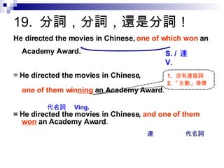 19.   分詞，分詞，還是分詞！ He directed the movies in Chinese,  one of which won  an Academy Award. =  He directed the movies in Chinese,  one of them win ning  an Academy Award . = He directed the movies in Chinese,  and one of them  won  an Academy Award . S. /  連  V.   代名詞  Ving.   沒有連接詞 2. 「主動」得獎 連  代名詞 