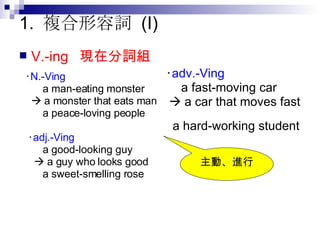 1.  複合形容詞  (I) V.-ing  現在分詞組 ‧ N.-Ving   a man-eating monster    a monster that eats man   a peace-loving people ‧ adj.-Ving   a good-looking guy      a guy who looks good   a sweet-smelling rose ‧ adv.-Ving   a fast-moving car    a car that moves fast  a hard-working student   主動、進行 