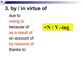 3. by / in virtue of due to owing to because of as a result of on account of by reasons of thanks to +N / V.-ing 