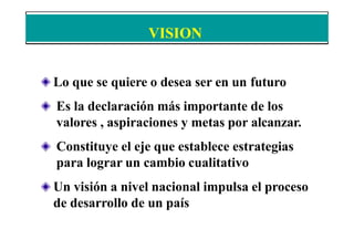 Lo que se quiere o desea ser en un futuro
Es la declaración más importante de los
valores , aspiraciones y metas por alcanzar.
Constituye el eje que establece estrategias
para lograr un cambio cualitativo
Un visión a nivel nacional impulsa el proceso
de desarrollo de un país
VISION
 