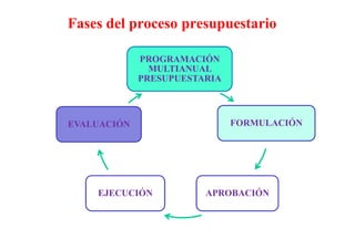 Fases del proceso presupuestario
PROGRAMACIÓN
MULTIANUAL
PRESUPUESTARIA
FORMULACIÓN
APROBACIÓNEJECUCIÓN
EVALUACIÓN
 