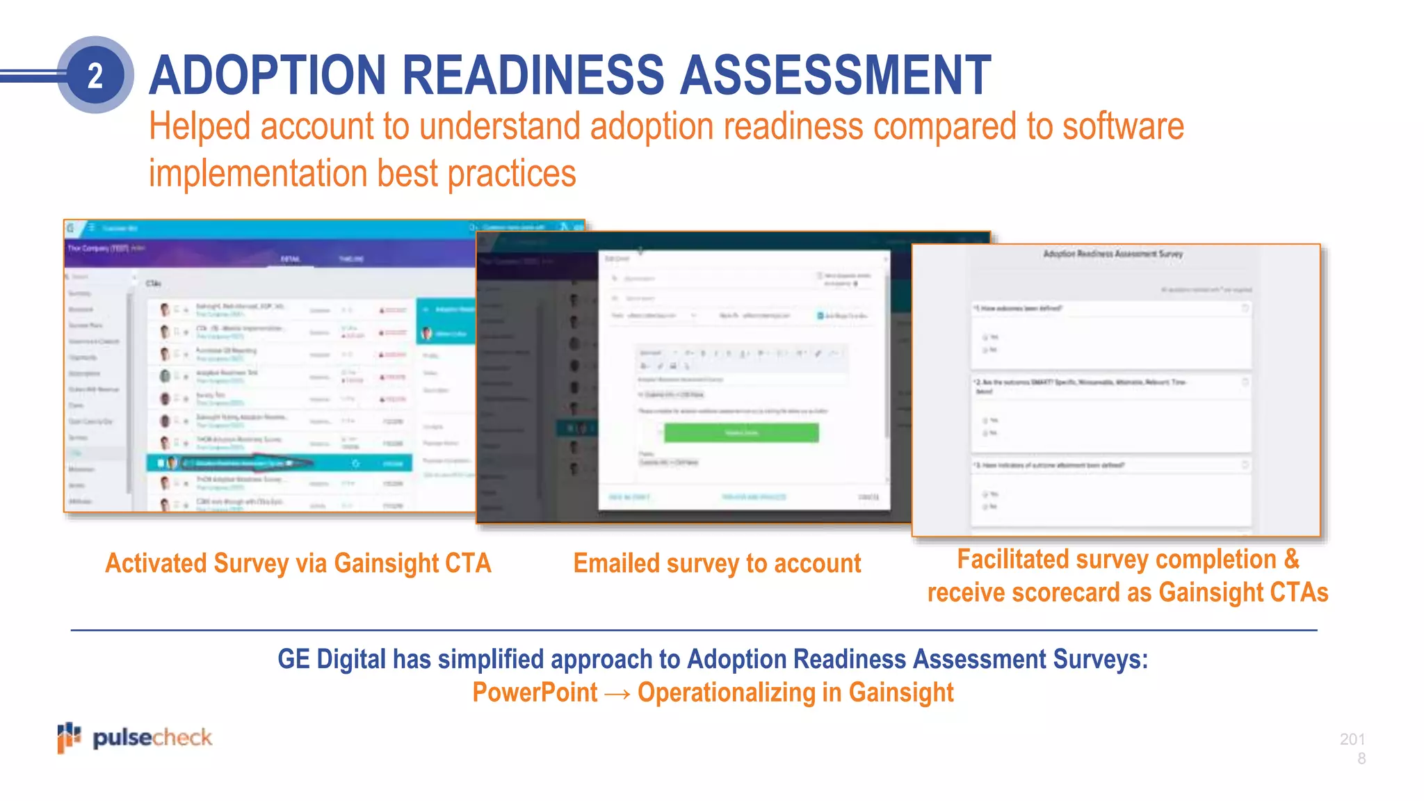 201
8
GE Digital has simplified approach to Adoption Readiness Assessment Surveys:
PowerPoint → Operationalizing in Gainsight
ADOPTION READINESS ASSESSMENT2
Helped account to understand adoption readiness compared to software
implementation best practices
Activated Survey via Gainsight CTA Emailed survey to account Facilitated survey completion &
receive scorecard as Gainsight CTAs
 