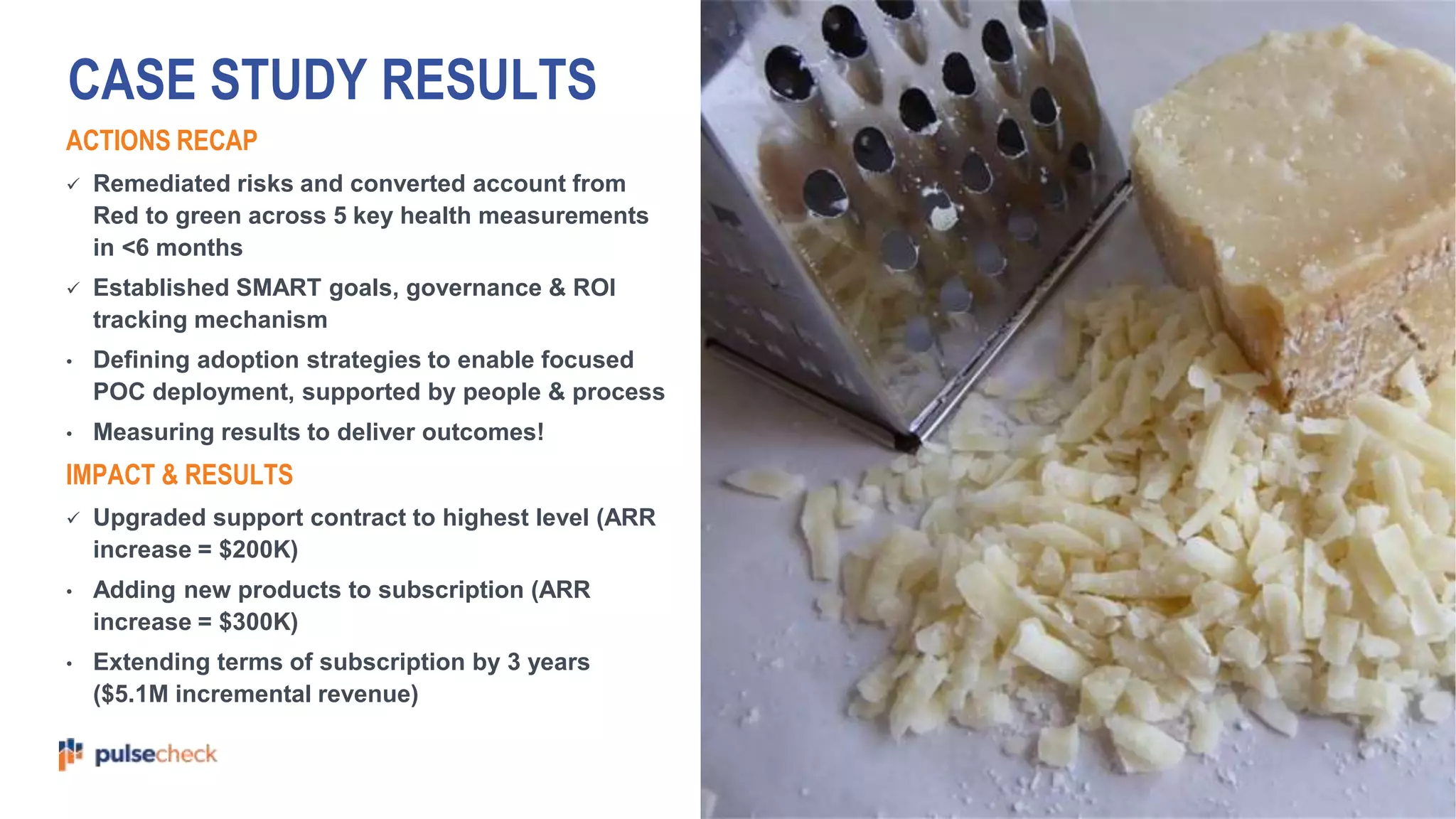 CASE STUDY RESULTS
ACTIONS RECAP
 Remediated risks and converted account from
Red to green across 5 key health measurements
in <6 months
 Established SMART goals, governance & ROI
tracking mechanism
• Defining adoption strategies to enable focused
POC deployment, supported by people & process
• Measuring results to deliver outcomes!
IMPACT & RESULTS
 Upgraded support contract to highest level (ARR
increase = $200K)
• Adding new products to subscription (ARR
increase = $300K)
• Extending terms of subscription by 3 years
($5.1M incremental revenue)
 