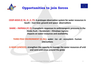 Opportunities to join forces


CEOP-­‐AEGIS	
  (F,	
  NL,	
  D	
  ,	
  E,	
  IT):	
  A	
  protoype	
  observa:on	
  system	
  for	
  water	
  resources	
  in	
  
                        South	
  –	
  East	
  Asia:	
  ground	
  and	
  space	
  	
  observa:ons       	
  

SHARE	
  –	
  PAPRIKA	
  (IT,	
  F):	
  Cryospheric	
  responses	
  to	
  anthropogenic	
  pressures	
  in	
  the	
  
                          Hindu	
  Kush	
  –	
  Karakoram	
  –	
  Himalaya	
  regions:  	
  
                          impacts	
  on	
  water	
  resources	
  and	
  availability.	
  

       THIRD	
  POLE	
  ENVIRONMENT	
  (D,	
  NL):	
  	
  water	
  -­‐	
  ice	
  -­‐	
  air	
  -­‐	
  ecosystem	
  -­‐	
  human	
  
                                         interac:ons	
         	
  

G-­‐WADI	
  (UNESCO):	
  strengthen	
  the	
  capacity	
  to	
  manage	
  the	
  water	
  resources	
  of	
  arid	
  
                            and	
  semi-­‐arid	
  areas	
  around	
  the	
  globe	
  
                                                                                 	
  



                                      GEO	
  European	
  Project	
  Workshop	
  -­‐	
  London	
  February	
  8	
  -­‐	
  9	
          6	
  
 